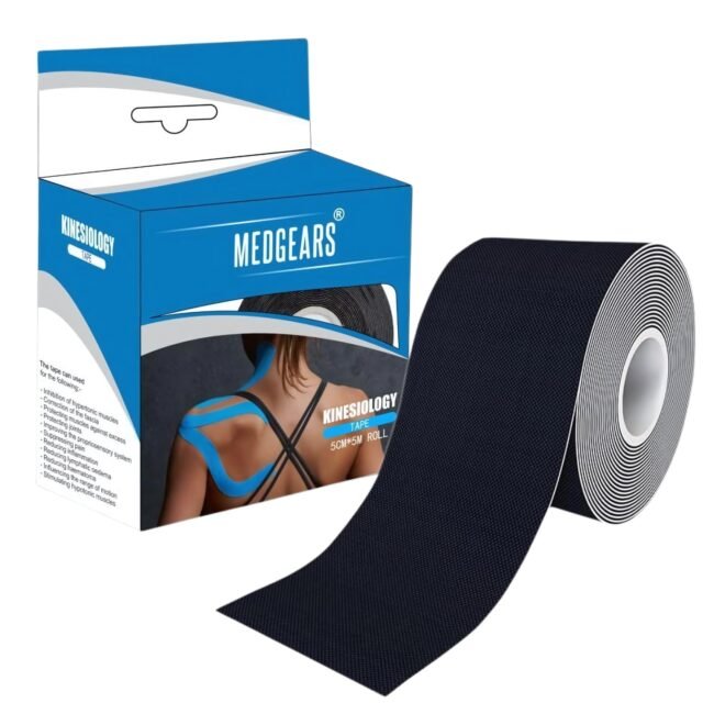 Medgears Premium Kinesiology Tape for Athletes – Strong Adhesive, Sweat-Resistant Muscle Support Tape for Sports Injury, Joint Stability & Recovery-(Black)